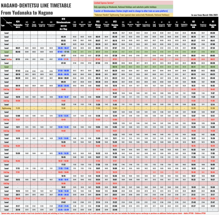 Nagano Dentetsu Line Timetable - SNOW MONKEY RESORTS