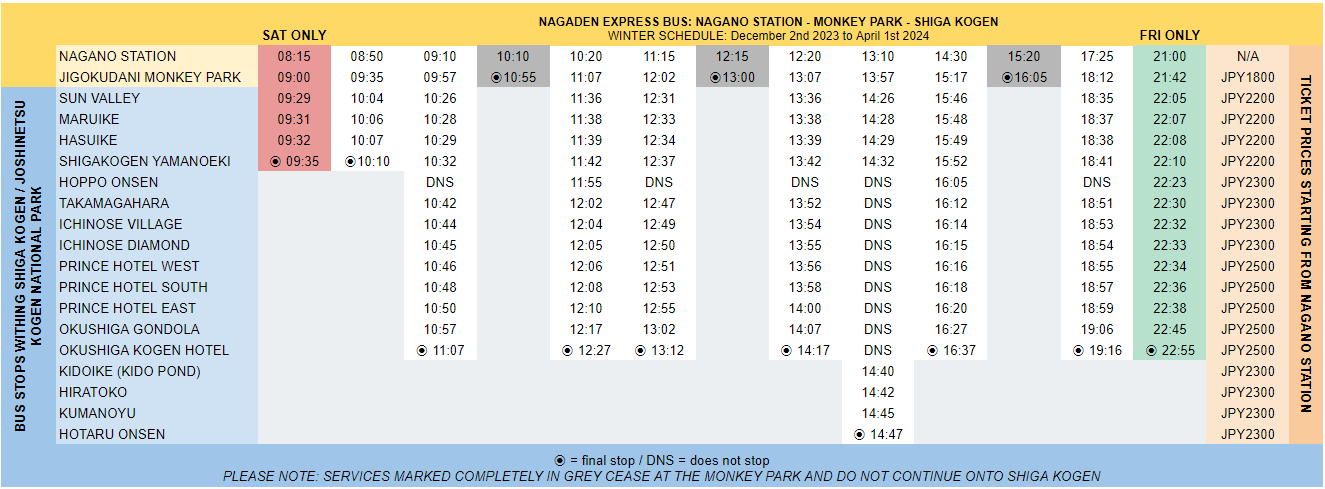 Shiga Kogen Express bus 23/24 winter