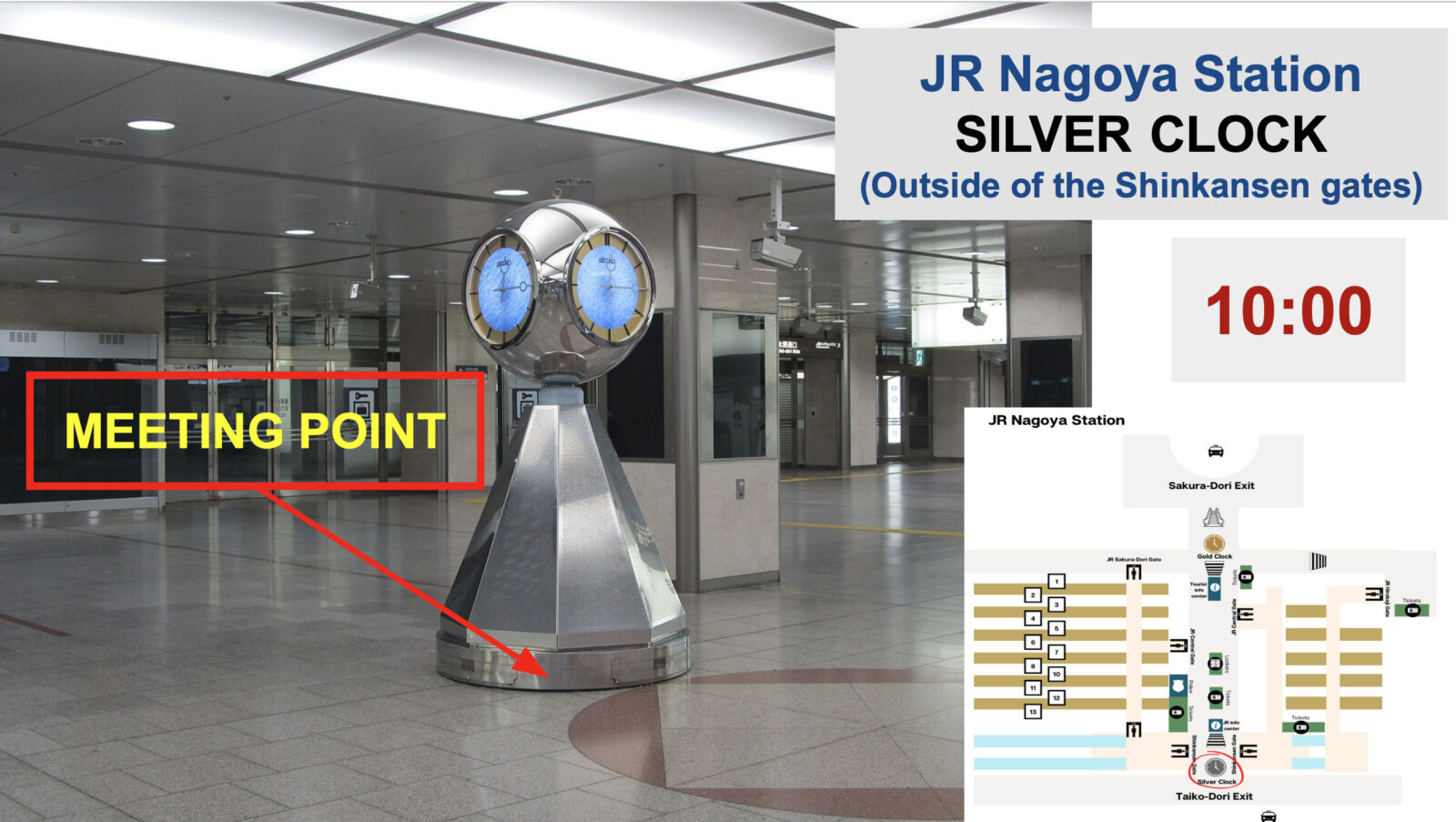 Meet your guide at the base of the SILVER clock tower outside of the Shinkansen gates at 10:00am.